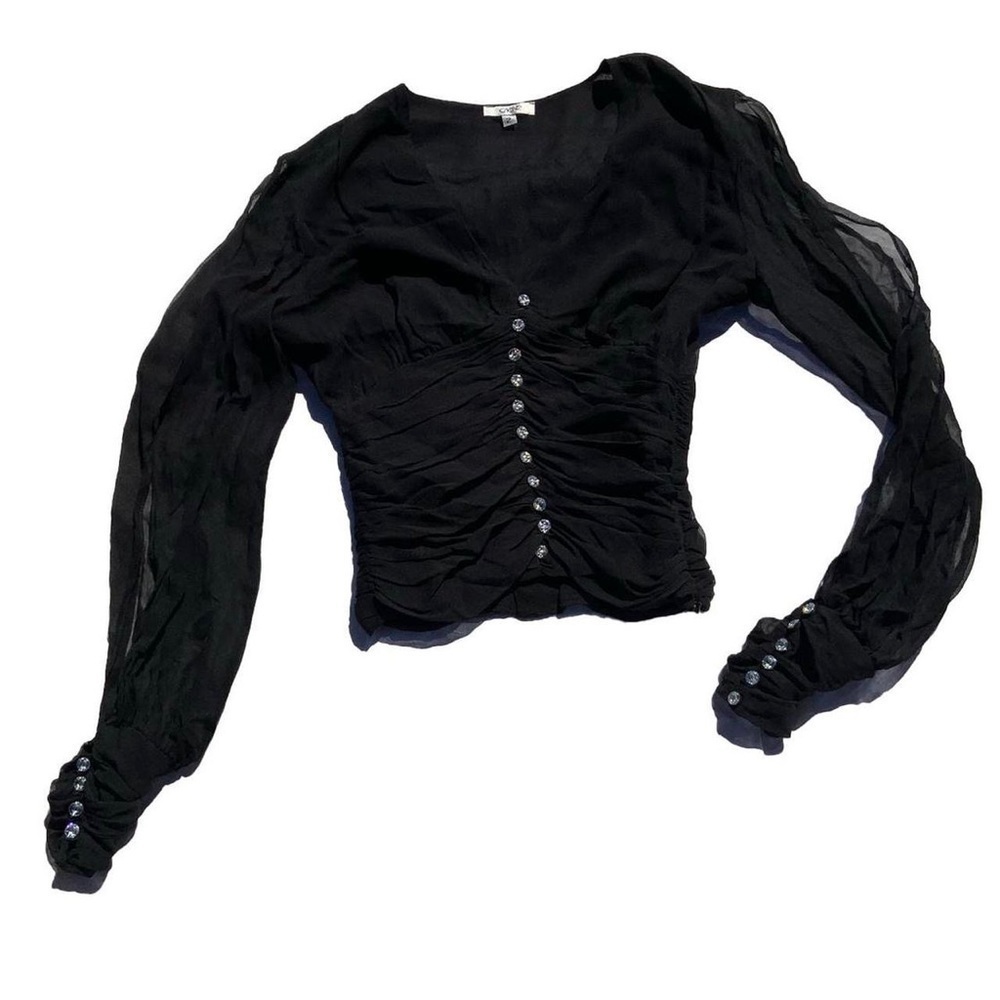 Vintage Cache Silky Sheer Ruched Top with Cut Out Sleeves
